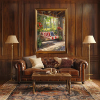rustic porch swing draped with an American flag Poster