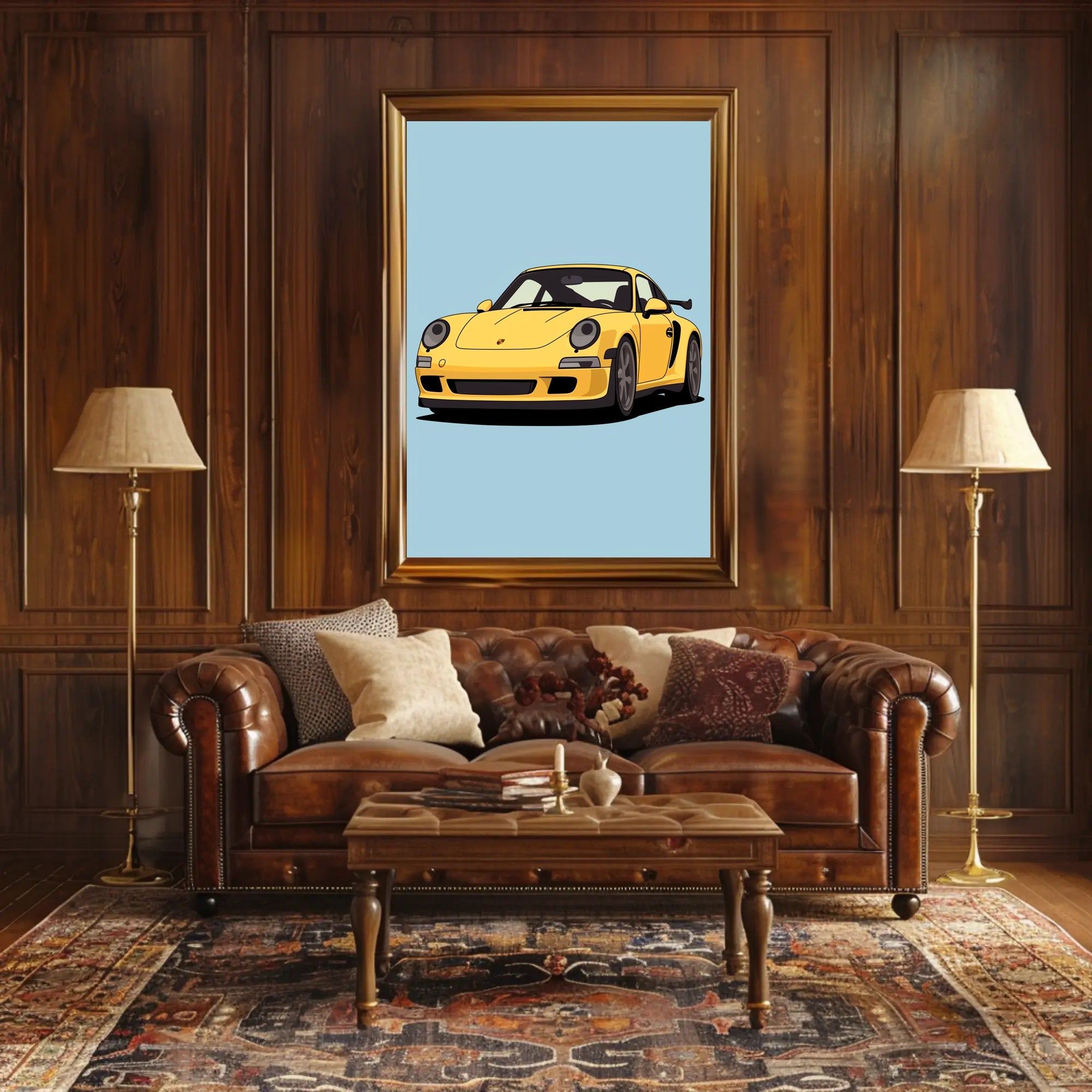 Yellow Sports Car Illustration Poster PosterGoat