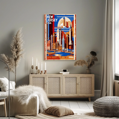New Jersey USA 1950s Waterfront Skyline Vintage Travel Poster