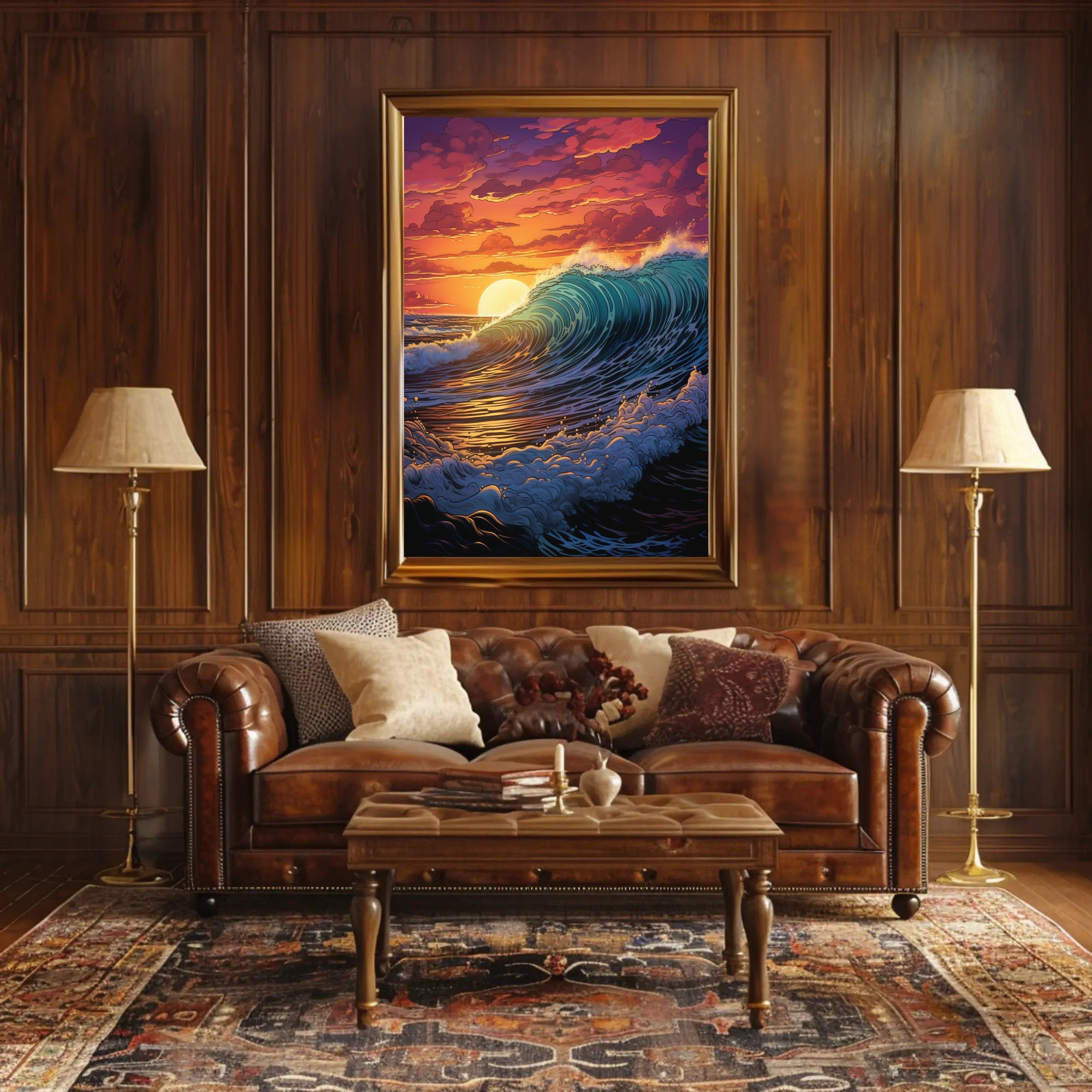 Dramatic Ocean Wave Sunset Scene Artistic Poster