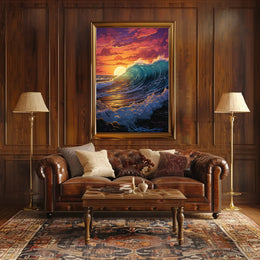 Dramatic Ocean Wave Sunset Scene Artistic Poster