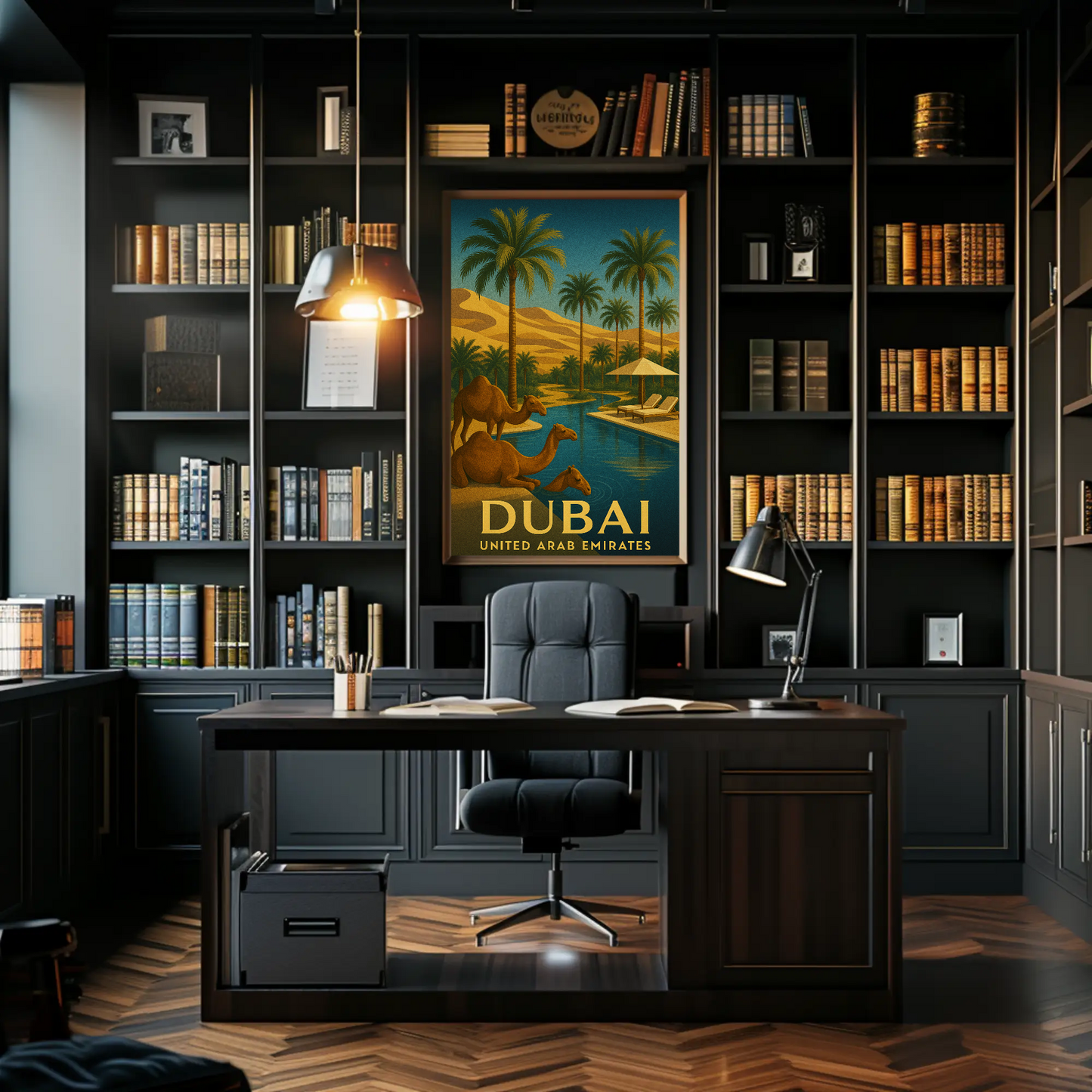 Dubai Desert Luxury Camels Pool Palms Oasis Poster