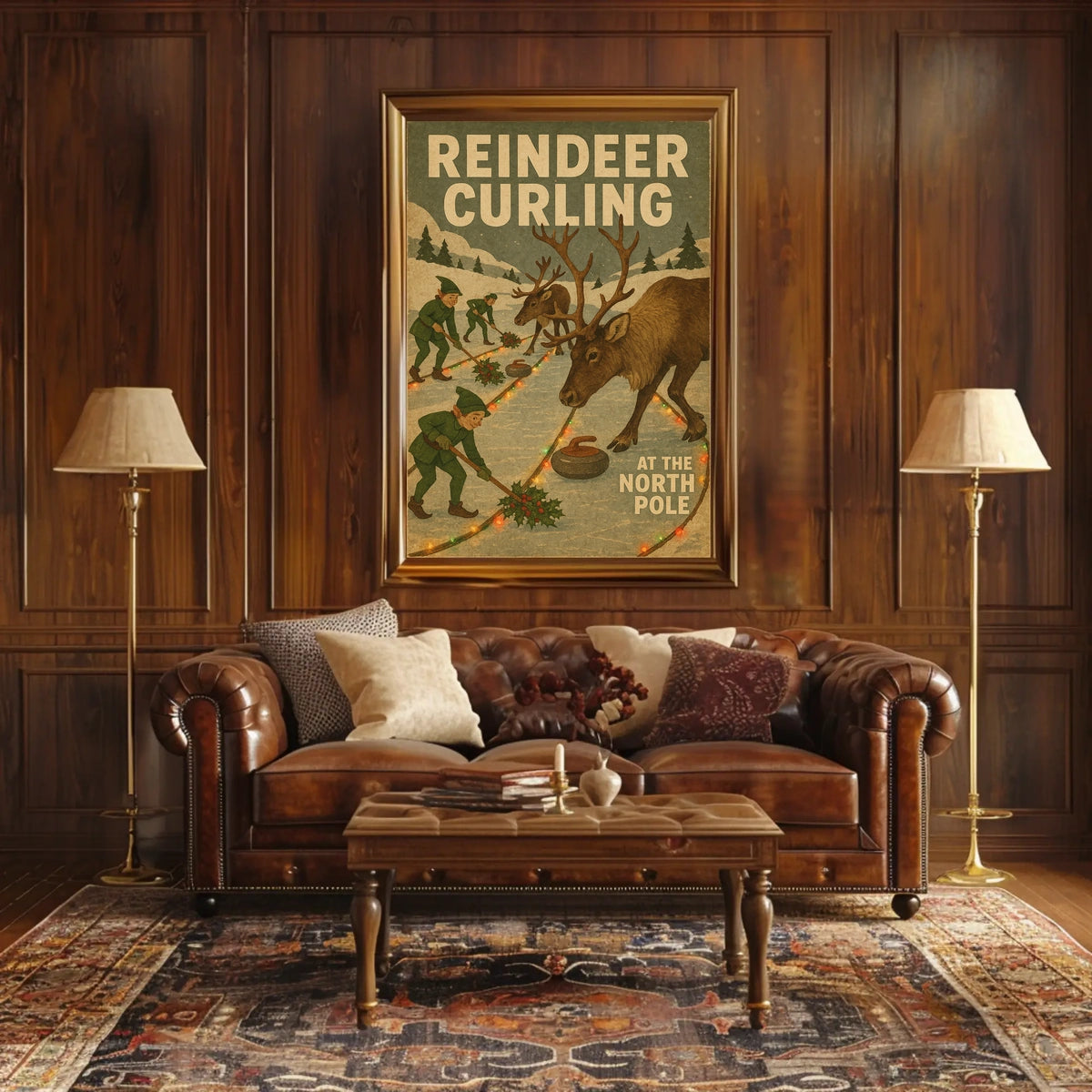 Reindeer Curling at the North Pole Poster