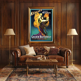 Kellar's Golden Butterfly Vintage Theatrical Poster adds vintage charm to any space, celebrating classic theater magic.