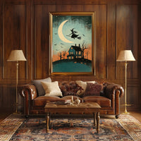 Witch and Moon Halloween Vintage Spooky Whimsical Poster
