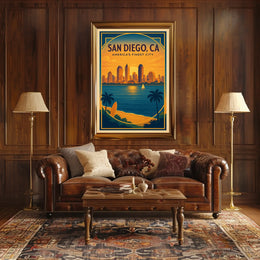 San Diego Sunset Skyline Vintage Travel Poster