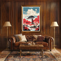 Japanese Tranquility Travel Poster with Pagoda and Mount Fuji