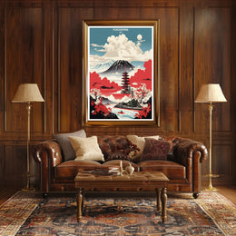 Japanese Tranquility Travel Poster with Pagoda and Mount Fuji