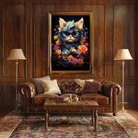 Whimsical Cat Poster: Glasses, Flowers, Books, Fantasy