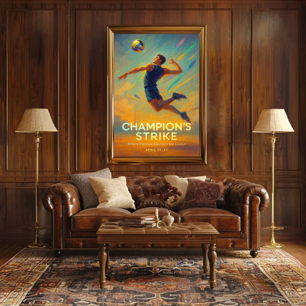 Champion's Strike Energetic Volleyball Action Sports Poster PosterGoat
