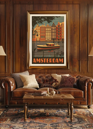 Amsterdam Vintage Travel Poster Depicting Retro Canal Scene