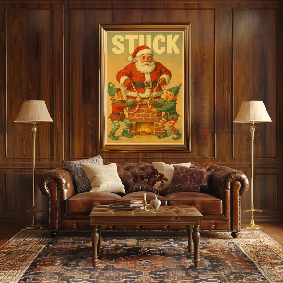 Santa Stuck in Chimney Christmas Poster Art