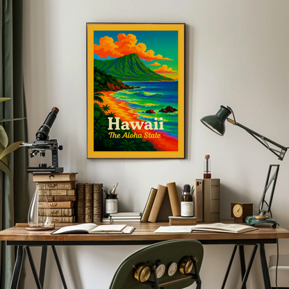 Hawaii Aloha State Colorful Coastline Travel Poster