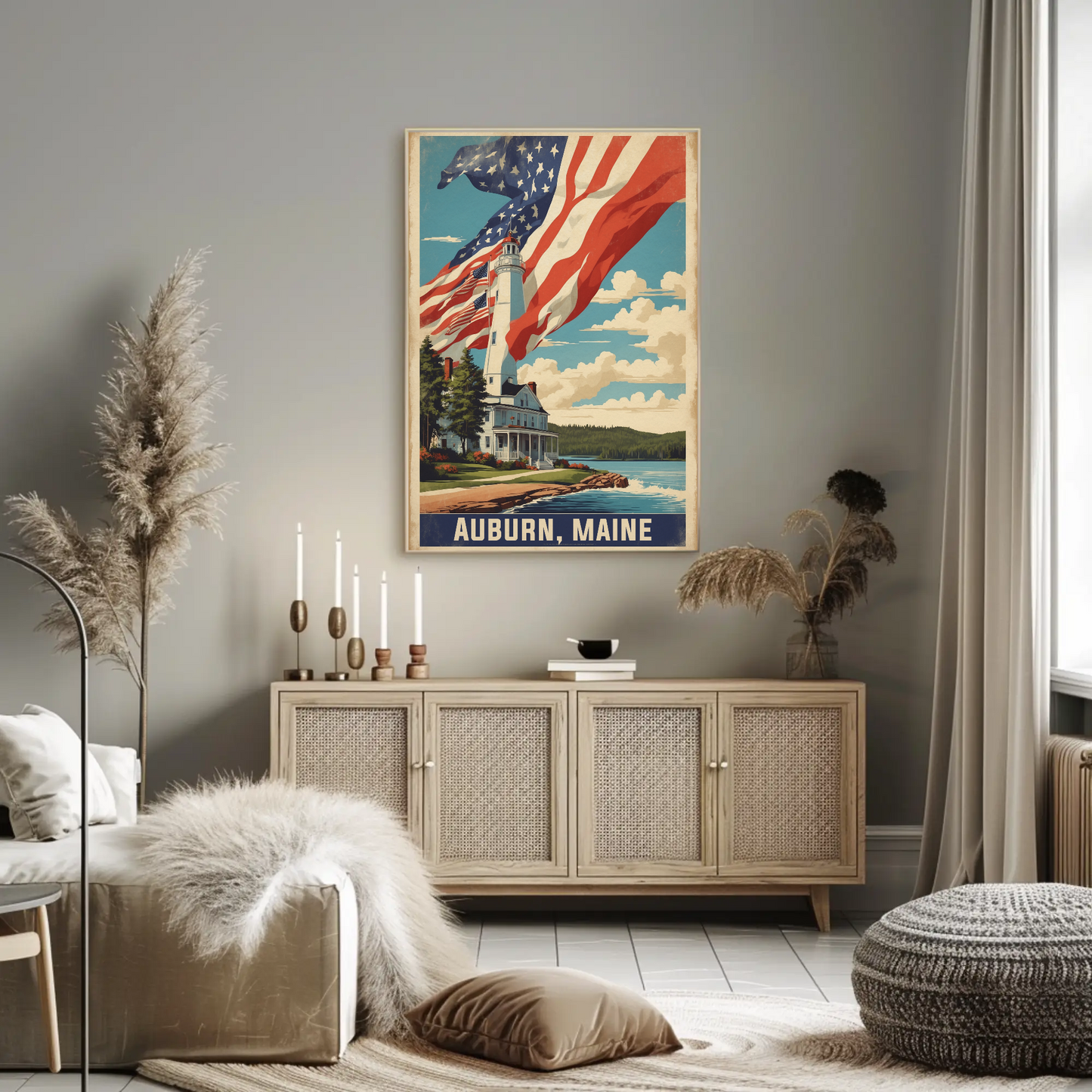 Auburn Maine Lighthouse Coastal Home Vintage Travel Poster