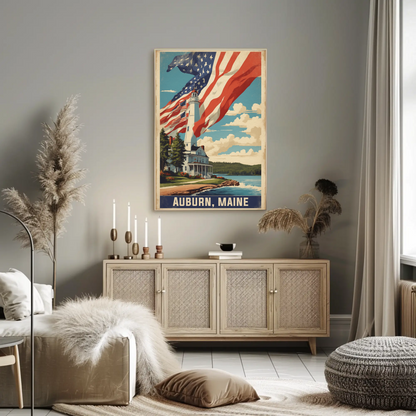 Auburn Maine Lighthouse Coastal Home Vintage Travel Poster