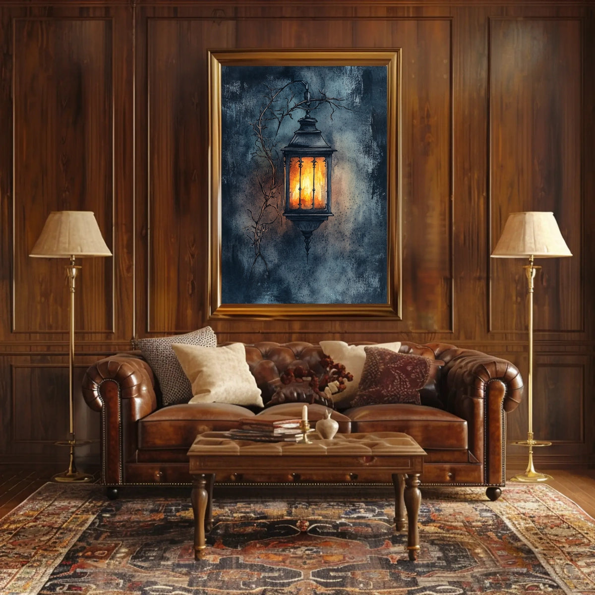 Rustic Lantern in Serene Nighttime Landscape Poster