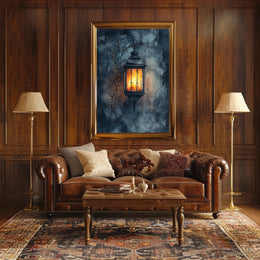 Rustic Lantern in Serene Nighttime Landscape Poster