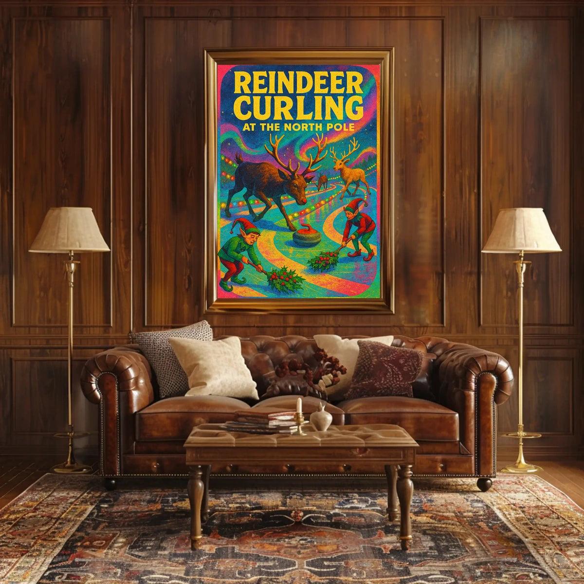 Reindeer Curling at the North Pole Poster