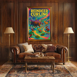 Reindeer Curling at the North Pole Poster