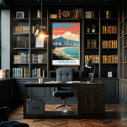 Honolulu Hawaii Sunset Skyline Modern Minimal Travel Poster