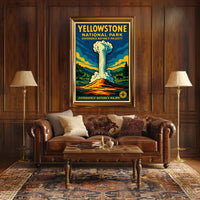 Yellowstone National Park Vintage Illustration Geyser Poster
