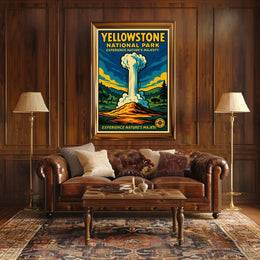 Yellowstone National Park Vintage Illustration Geyser Poster