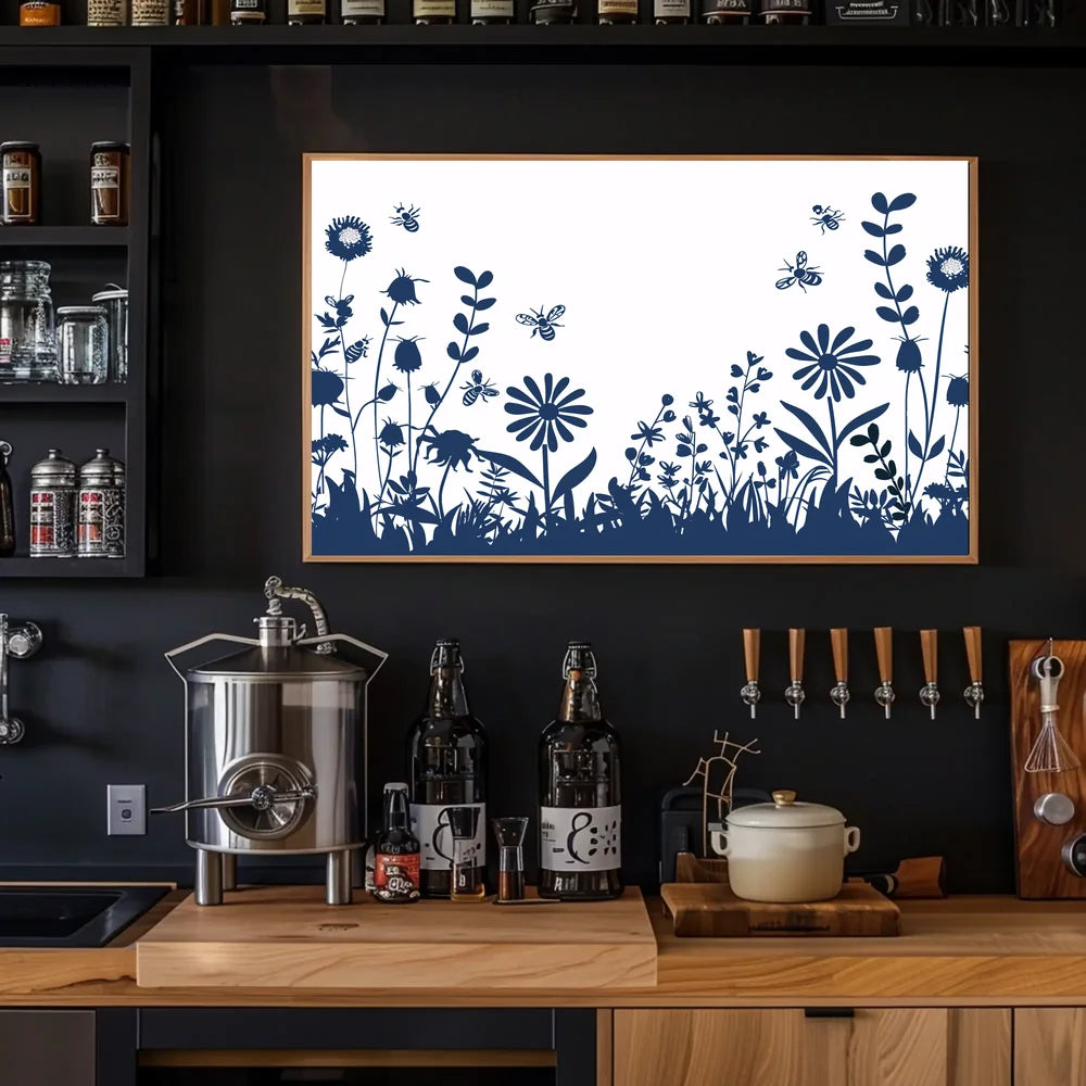 Garden Harmony: Blue Silhouette Bee and Flower Poster