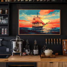 Vintage Sailing Ship at Vibrant Sunset Poster