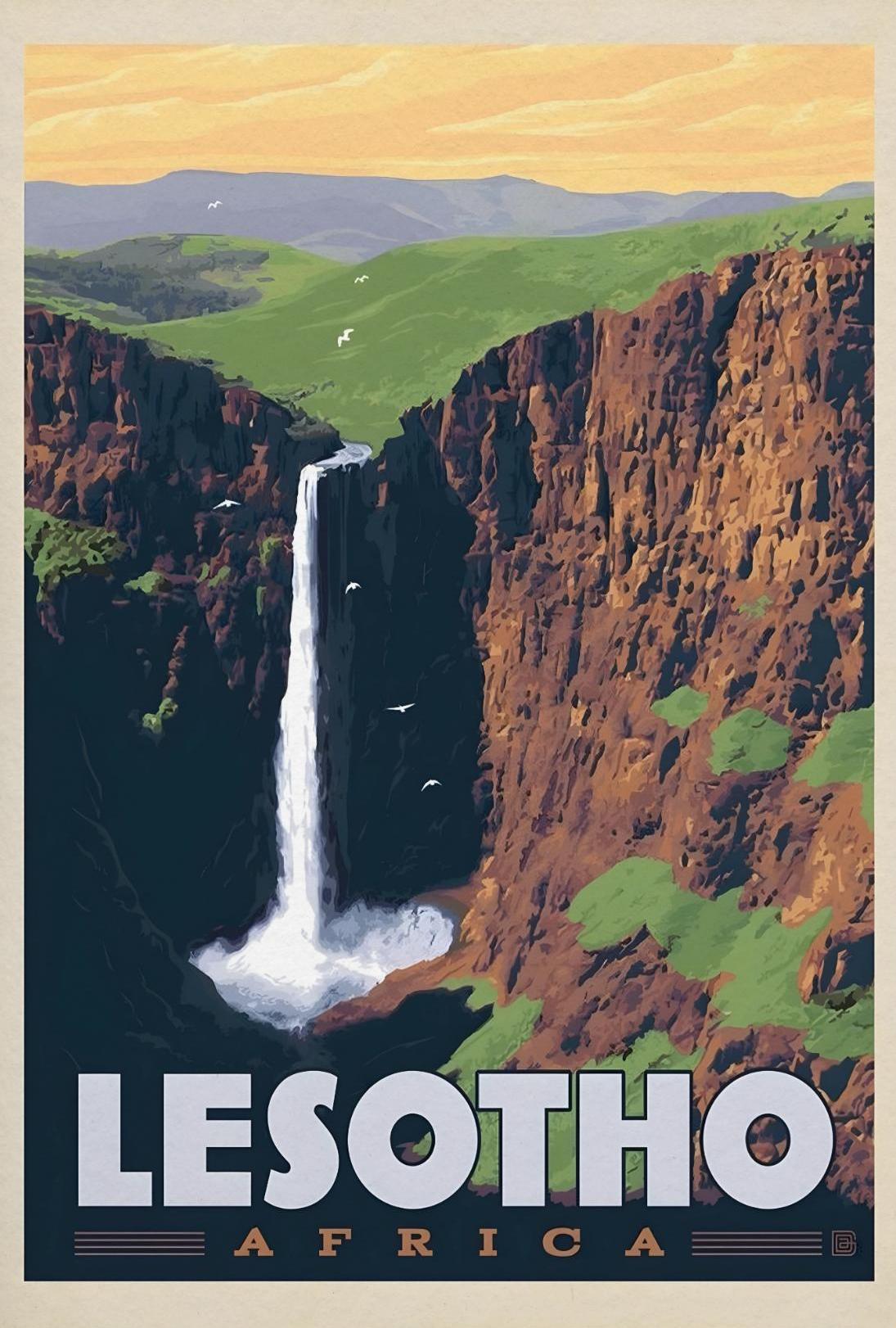 Lesotho Waterfall Adventure Vintage Travel Poster