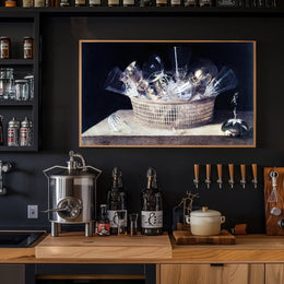 This poster features a classic still life painting with a focus on a Travel Poster