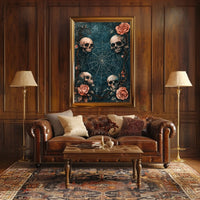 The poster has a gothic and macabre theme, featuring four human skulls arranged Travel Poster