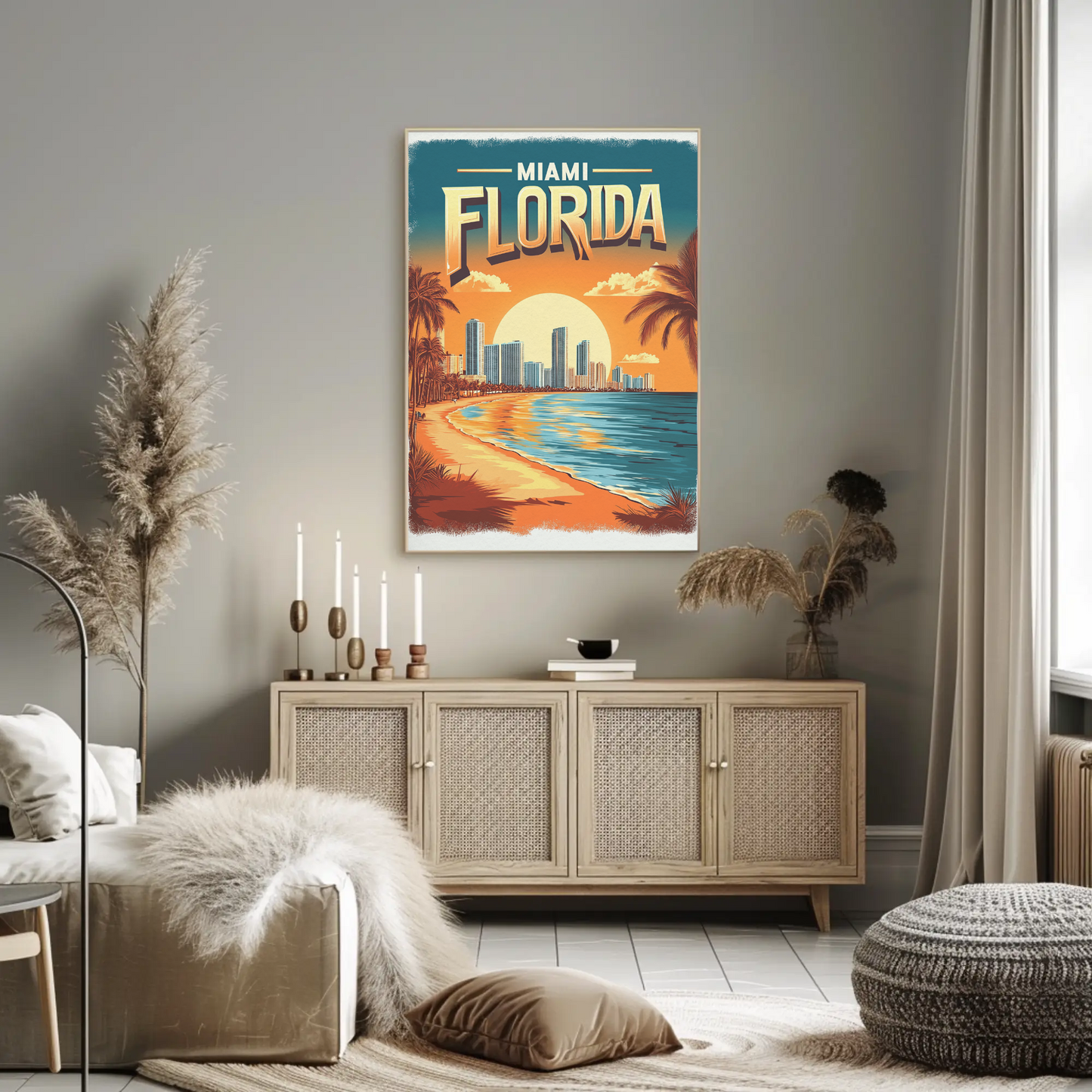 Miami Florida - Beach Sunset Vintage Travel Poster