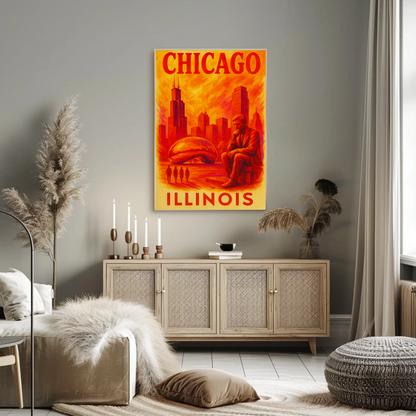 Chicago Skyline Bean Statue Modern Red Vintage Travel Poster Wall Art