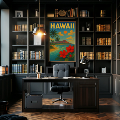 Hawaii Sunset Coastline Hibiscus Beach Travel Poster