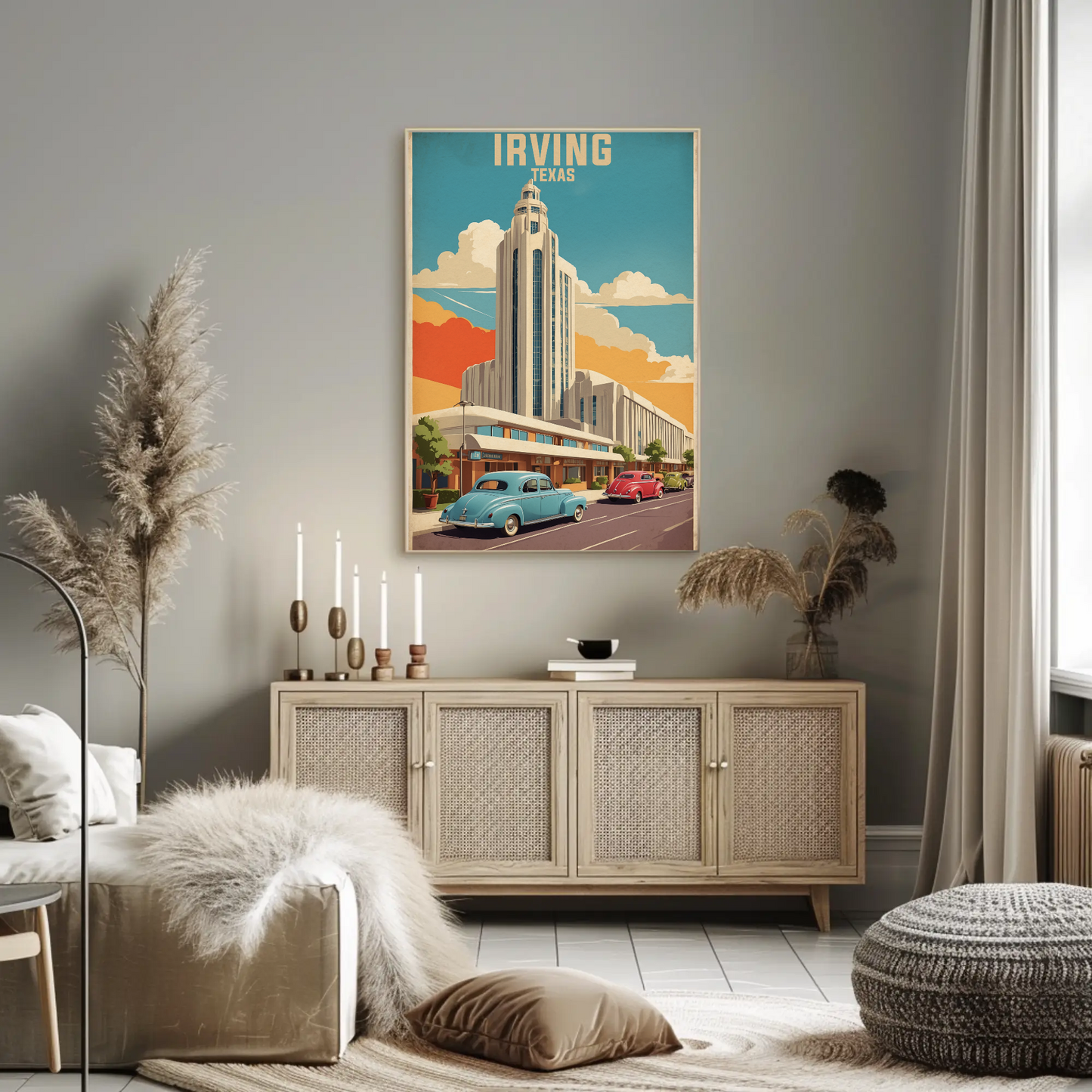 Irving Texas Art Deco Building Cars Retro Vintage Travel Poster