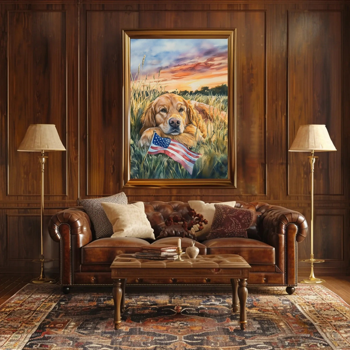 Golden Retriever Resting In Grassy Sunset Field Poster
