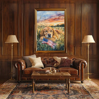 Golden Retriever Resting In Grassy Sunset Field Poster