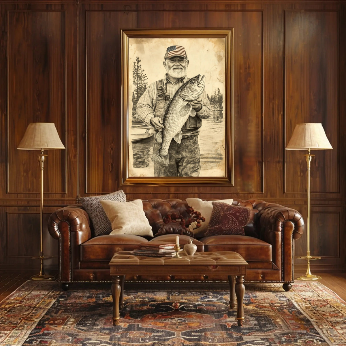 Vintage Style Fisherman Holding Large Bass Rustic Poster