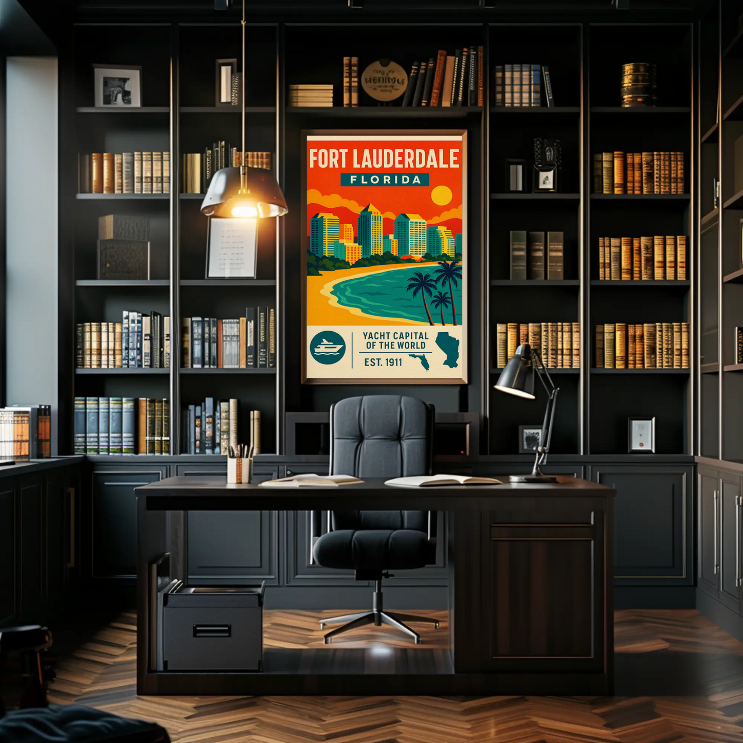 Fort Lauderdale Florida Skyline Palms Sunset Travel Poster