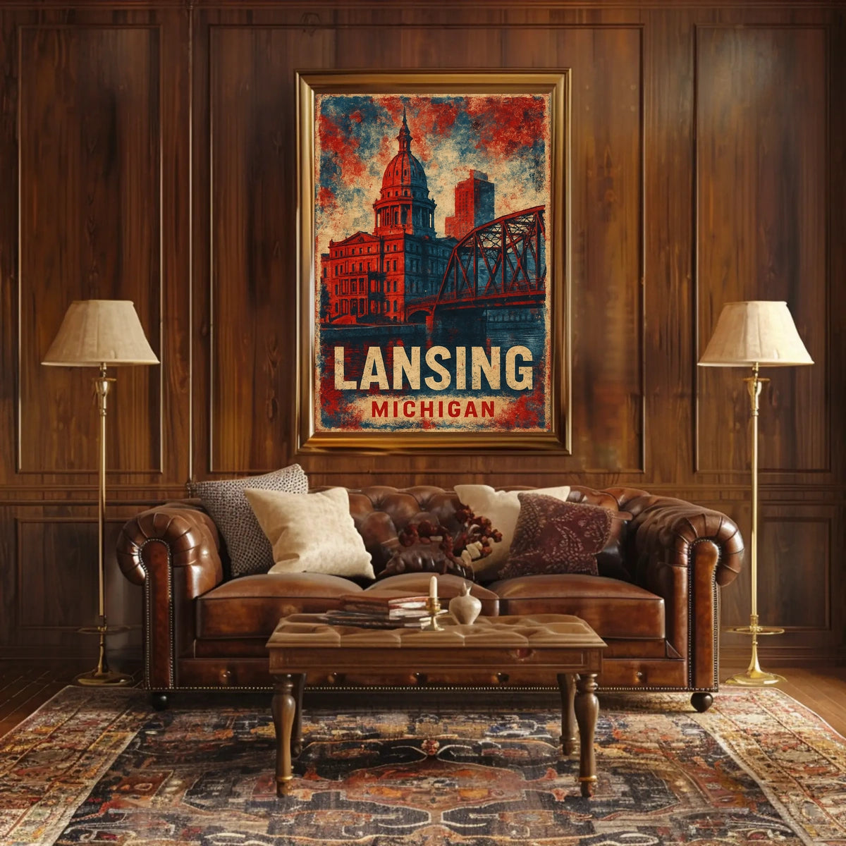 Lansing Cityscape Retro Typography Collectors Poster