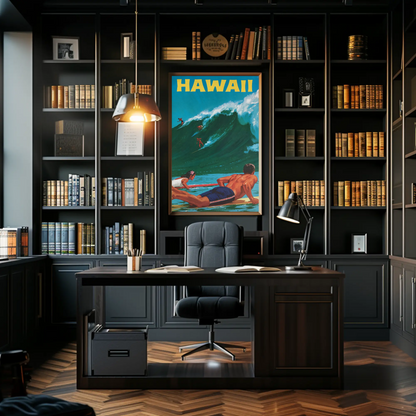 Hawaii Surfers Riding Giant Wave Ocean Travel Poster
