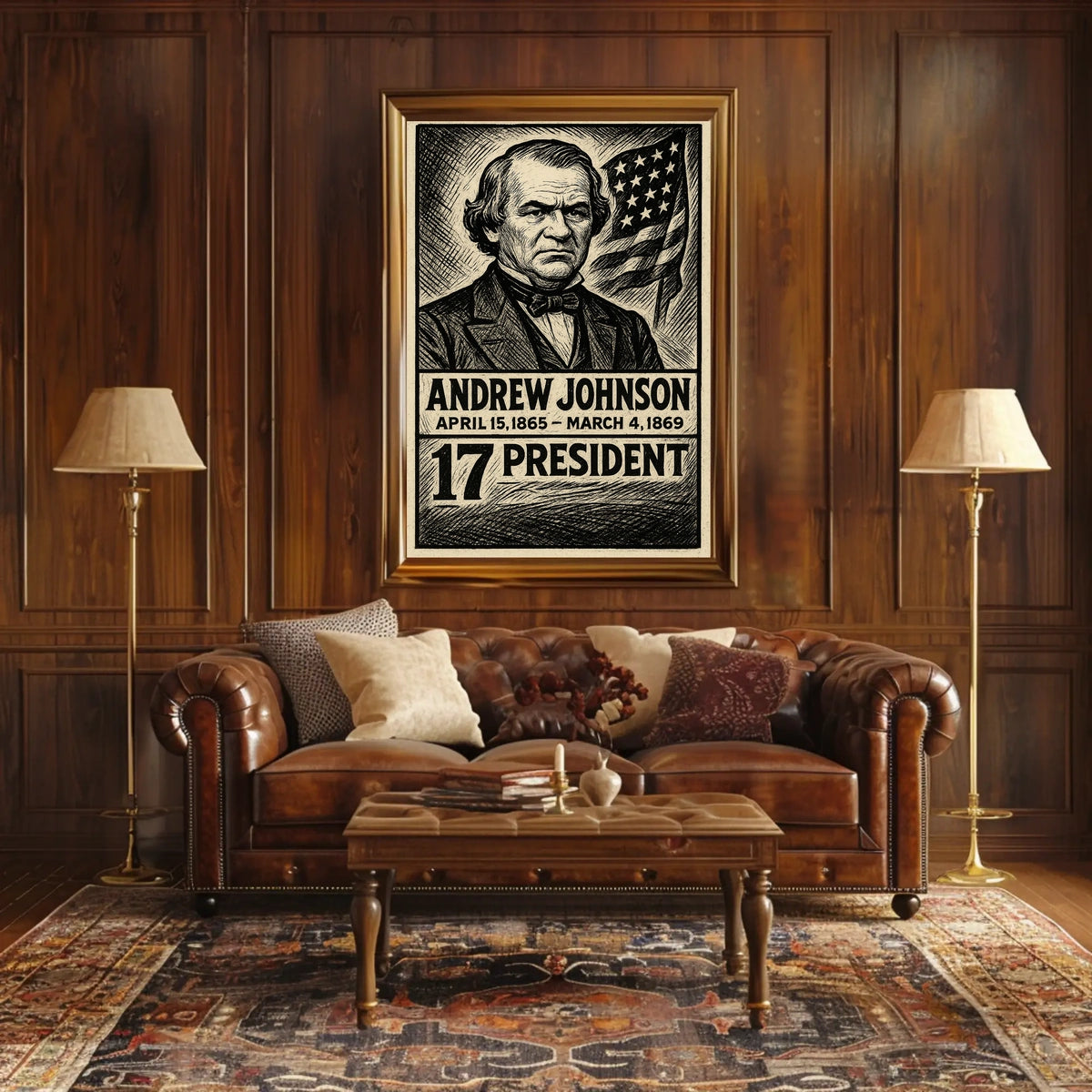 Andrew Johnson 17th President of the United States B & W Comic Sketch Poster