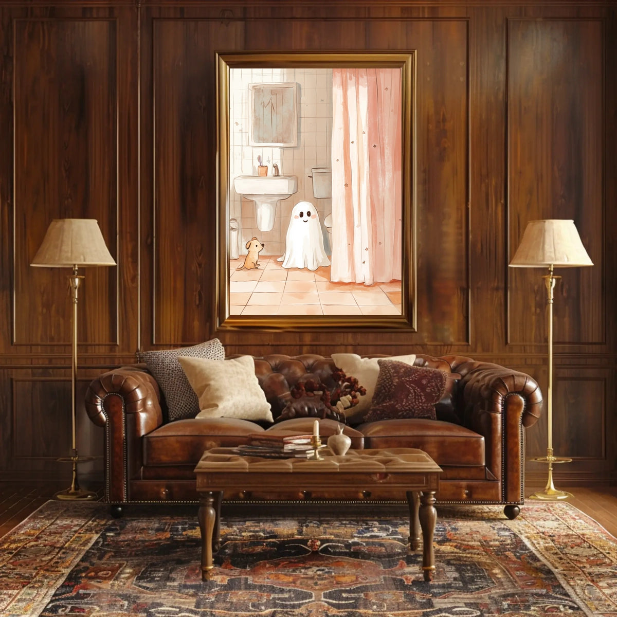 Ghost and Dog Bathroom Whimsical Illustration Cozy Poster
