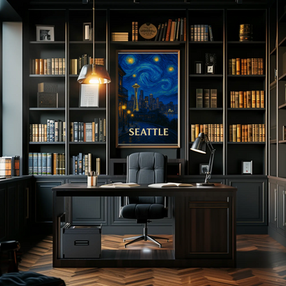 Seattle Space Needle Starry Night Skyline Glow Travel Poster
