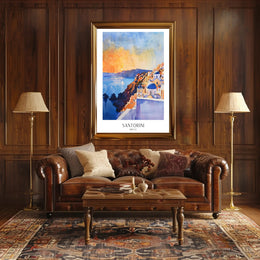 Santorini Sunset Watercolor Illustration Travel Poster PosterGoat