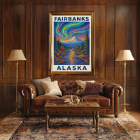 Aurora Borealis Vintage Fairbanks Alaska Starry Poster