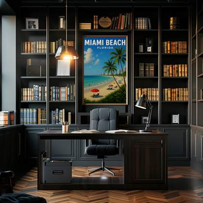 Miami Beach Florida Coastline Umbrellas Hotel Skyline Poster