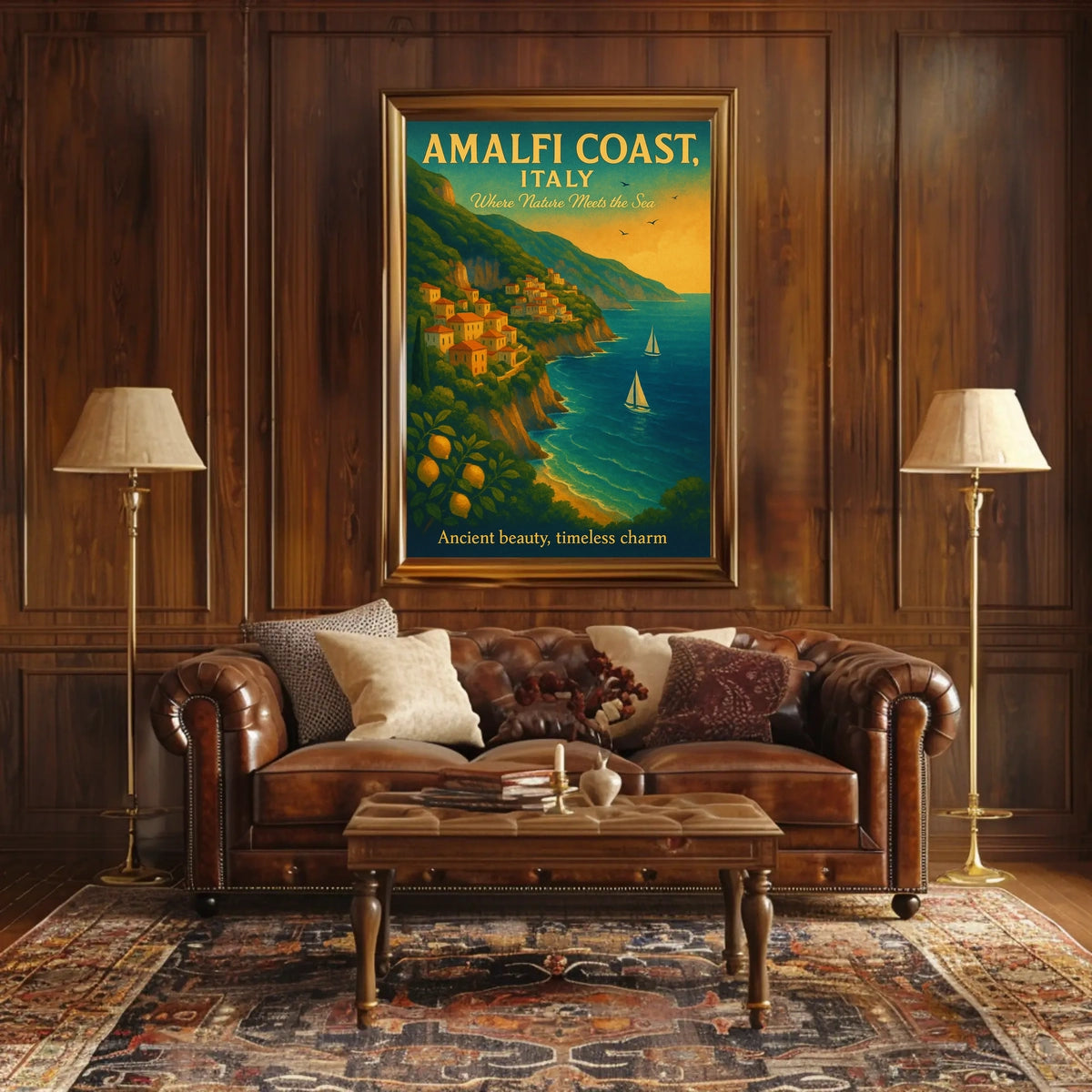 Amalfi Coast Vintage Travel Poster: Serene Seaside Escape