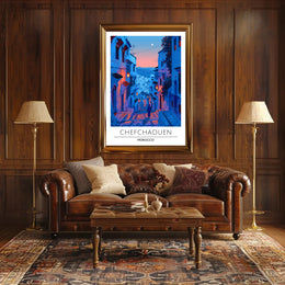 Chefchaouen Twilight: Dreamy Moroccan Urban Cityscape Poster