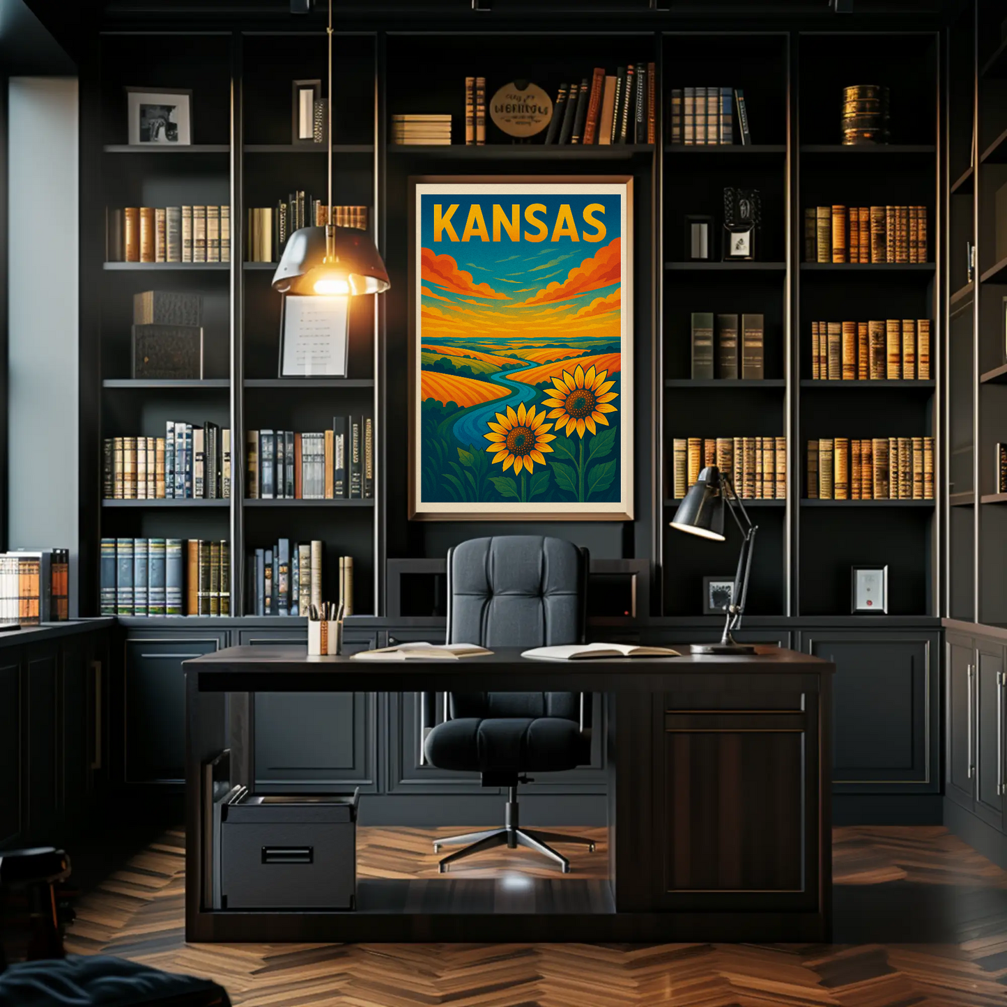 Kansas Sunflower Fields River Prairie Landscape Travel Poster